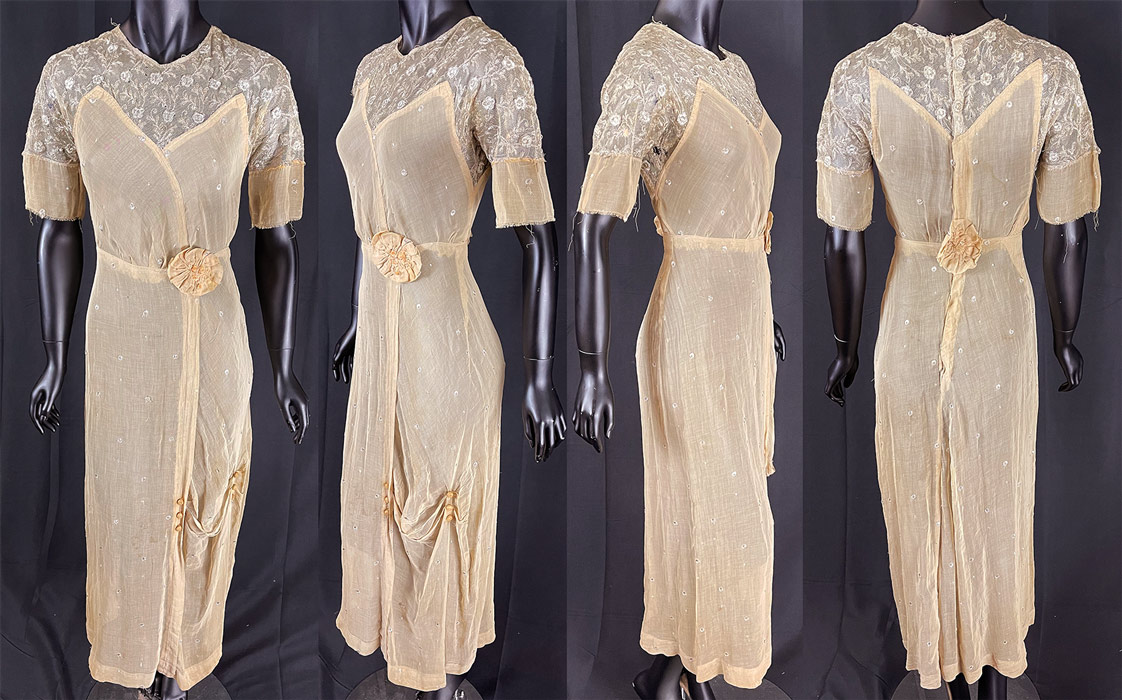 Titanic Era Peach Blush Cotton Lavender Embroidery Lace Rosette Trim Dress
