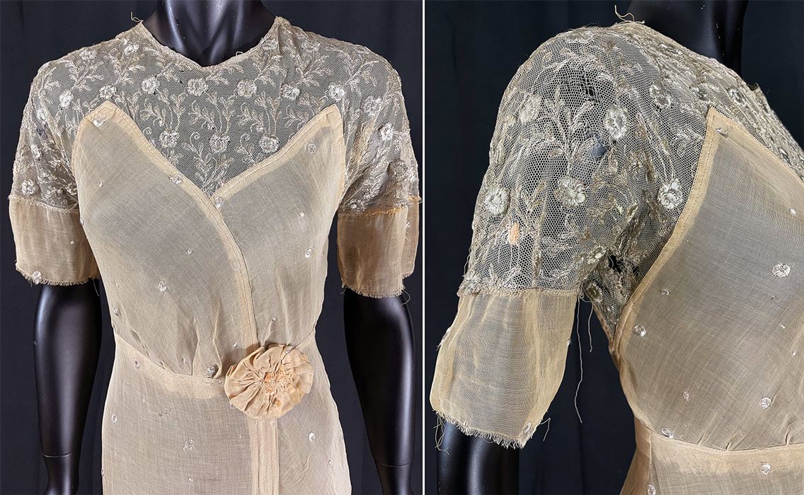 Titanic Era Peach Blush Cotton Lavender Embroidery Lace Rosette Trim Dress
