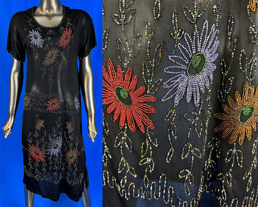 Vintage 1920s Art Deco Vintage 1920s Art Deco Black Silk Jersey Knit Multicolor Beaded Daisy Flower Dress
