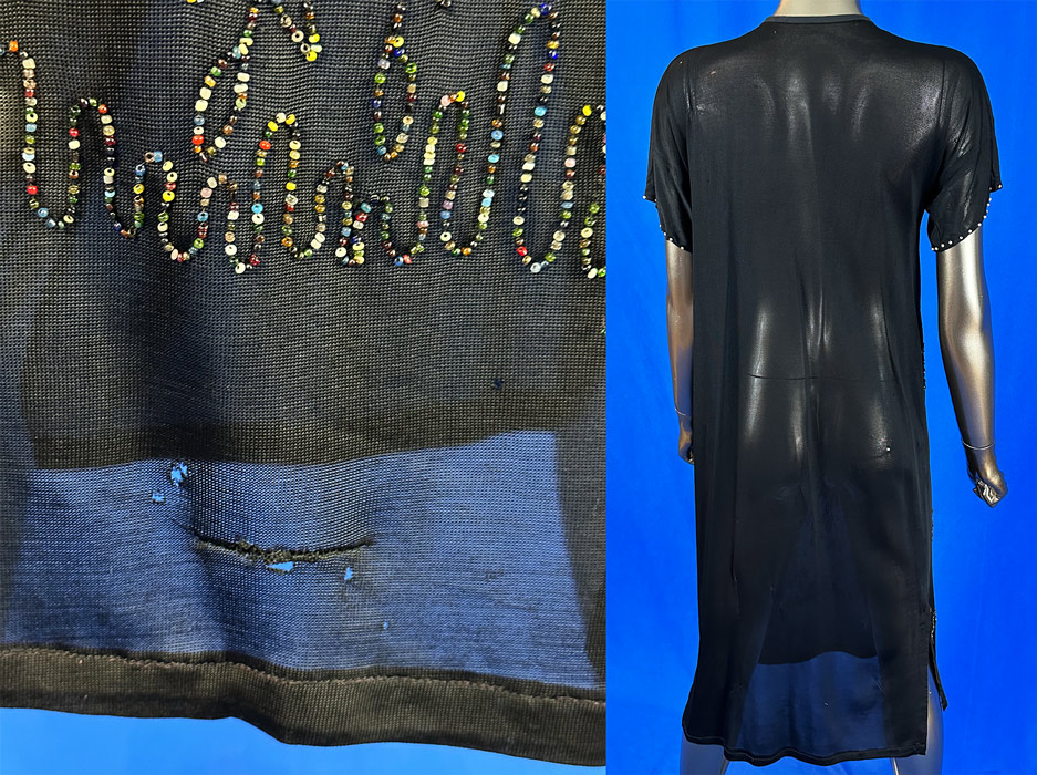 Vintage Art Deco Black Silk Jersey Knit Multicolor Beaded Daisy Flower Dress
It is in good as-is condition, with some loose missing beads, several tiny frayed pin holes, snags pulls scattered and a mended repair on the bottom front skirt hem (see close-ups). This is truly an amazing piece of Art Deco wearable art