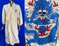 Vintage Chinese Dragon Blue Embroidered Pongee Silk Linen Souvenir Kimono Robe
