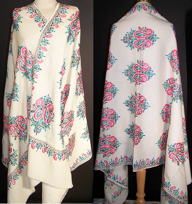 Embroidered Paisley Pashmina Cashmere Shawl   Front view.