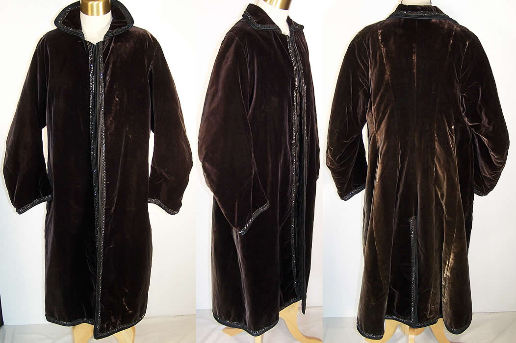 Edwardian Black Velvet Jet Beaded Winter Evening Coat Front view.