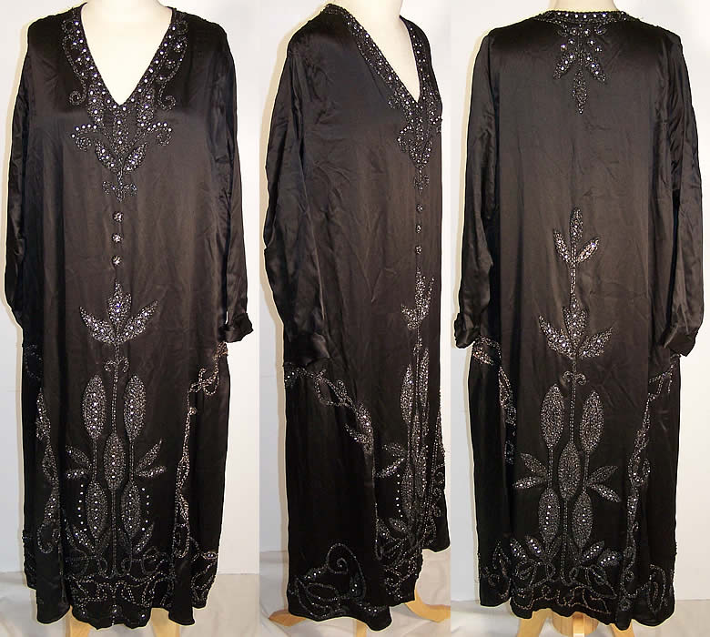 Art Deco Black Silk Beaded Drop Waist Flapper Dress  Front view.