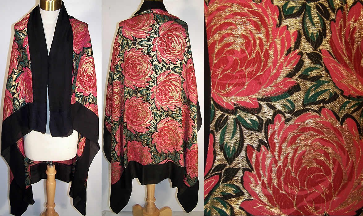  Art Deco Floral Gold Lam&eacute; Black Silk Chiffon Shawl Front view.