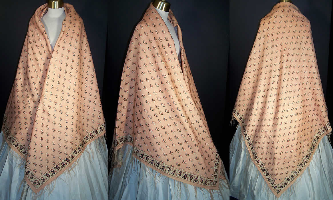 Victorian Pink Challis Wool Roller Print Paisley Shawl  Front view.