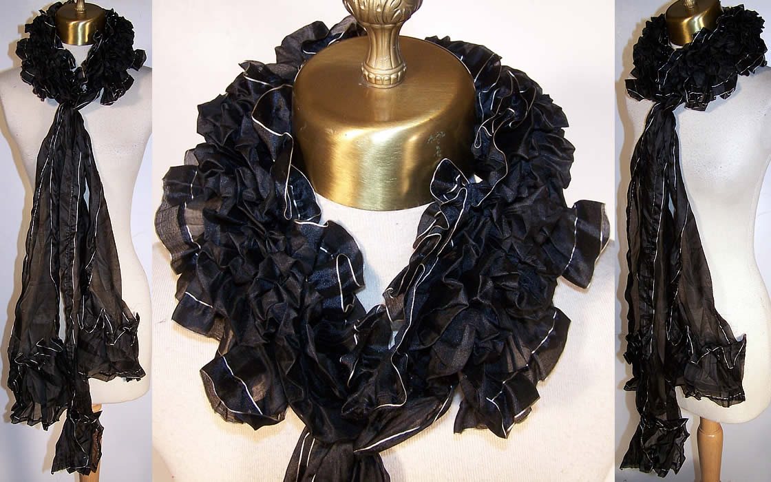 Victorian Black White Pleated Silk Neck Ruffle Lappet Collar  Front view.