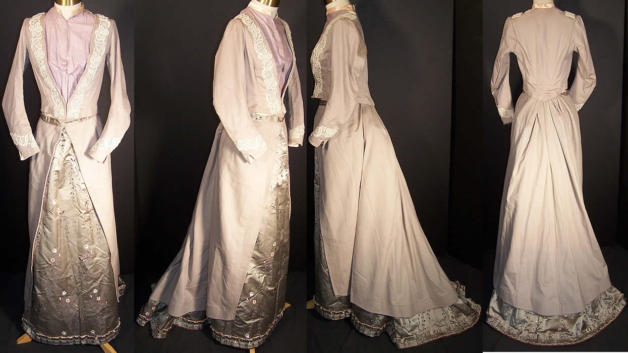 Victorian Mauve Taupe Wool Lace Appliqué Traveling Outfit Front view.
