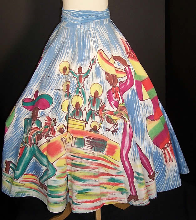 Hand Painted Mexican Cock Fighting Circle Skirt Back View.