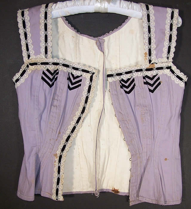 Victorian Lilac Coutil Ribbon Lace Corset Cover Bodice Close up.