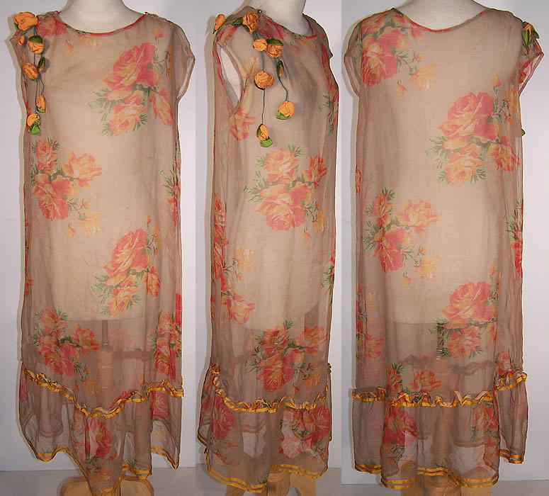 Orange Roses Silk Chiffon Rosette Drop Waist Dress   Front view.