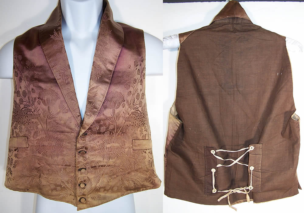 Victorian Gentlemen's Brown Brocade Silk Waistcoat Vest   Front view.