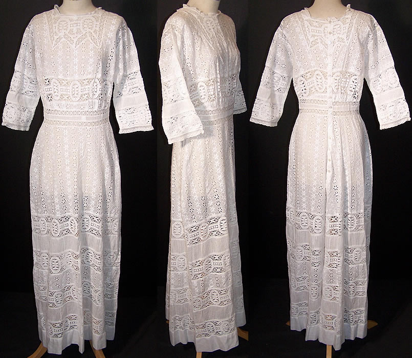  Edwardian White Eyelet Lace Lawn Tea Dress  Front view.