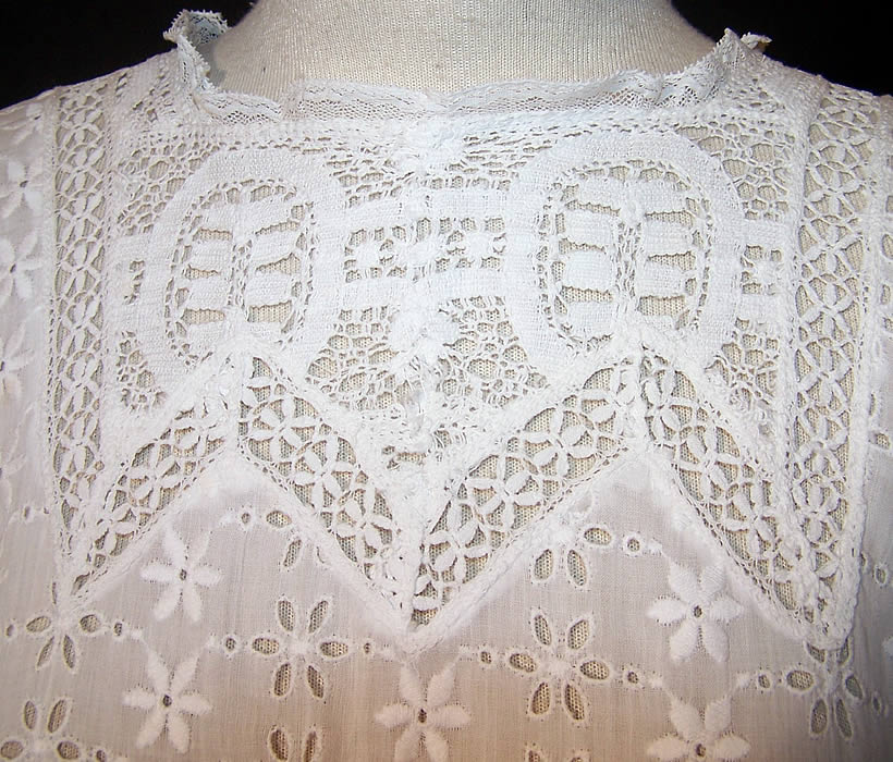 Edwardian White Eyelet Lace Lawn Tea Dress  Close up.