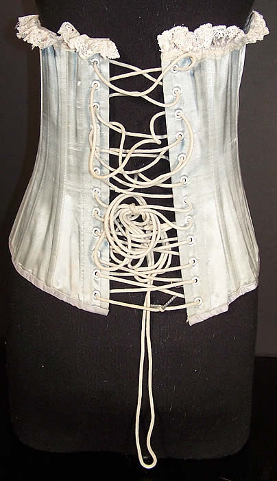 Victorian Inspired Blue Satin Short Corset Girdle Back View.