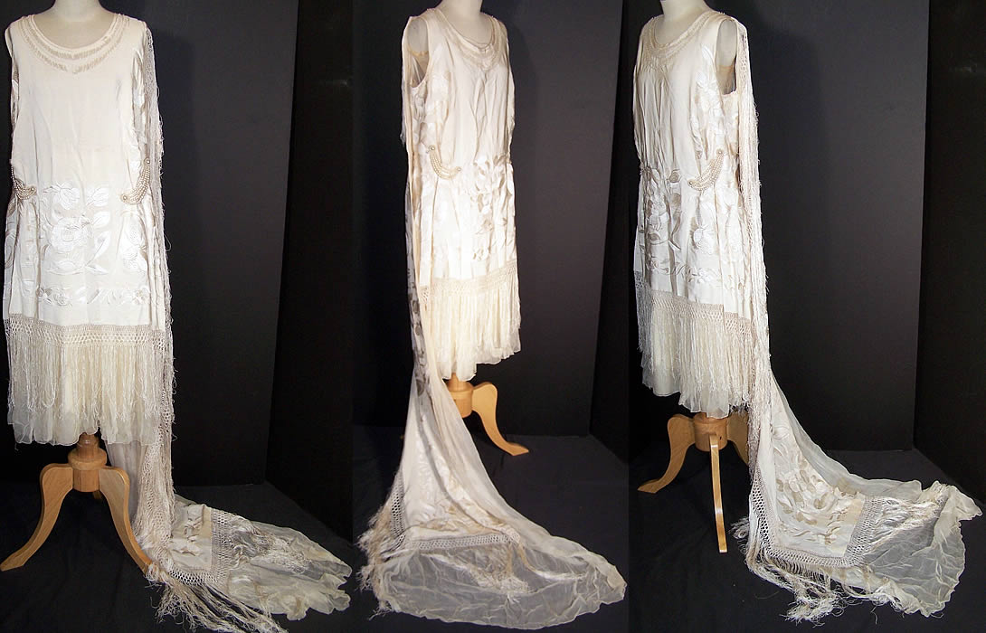 White Silk Embroidered Piano Shawl Wedding Dress TrainFront view.