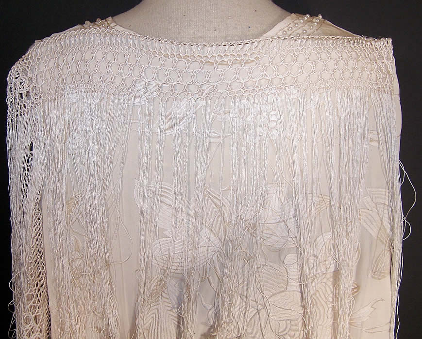 White Silk Embroidered Piano Shawl Wedding Dress Train Close up.
