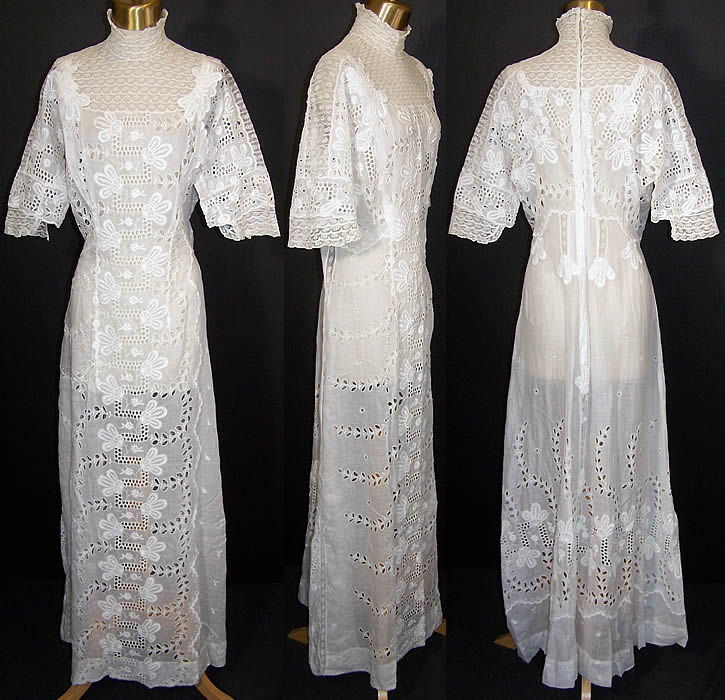 Edwardian White Eyelet Batiste Lawn Lace Wedding Dress   Front view.