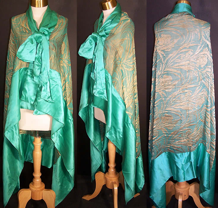 Art Deco Green Silk Gold Lam&eacute; Chiffon Cape Cloak Shawl   Front view.