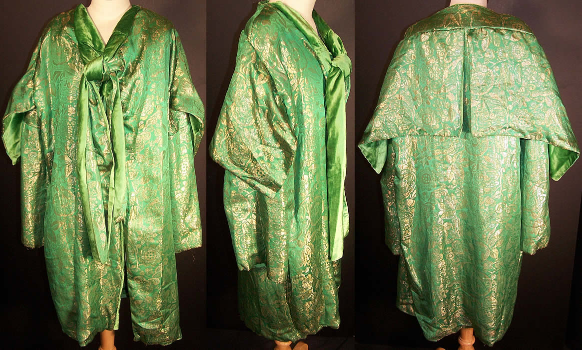 Art Deco Emerald Green Silk Velvet Gold Lam&eacute; Shawl Coat  Front view.