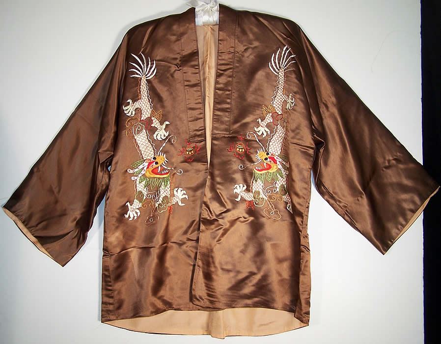 Brown Silk Embroidered Dragon Pajamas Lounge Set Back View.