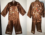Brown Silk Embroidered Dragon Pajamas Lounge Set 