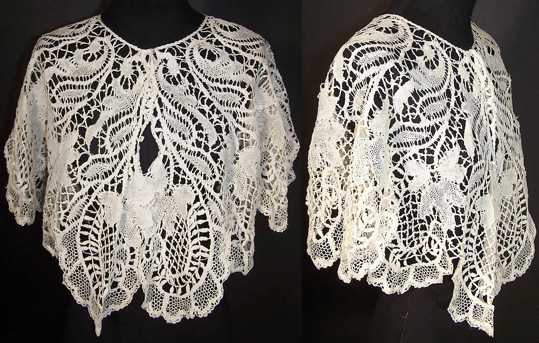 Victorian White Beds Maltese Bobbin Lace Collar Capelet   Front view.