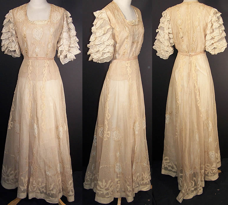  Edwardian Embroidered Net Lace Wedding Gown Dress  Front view.