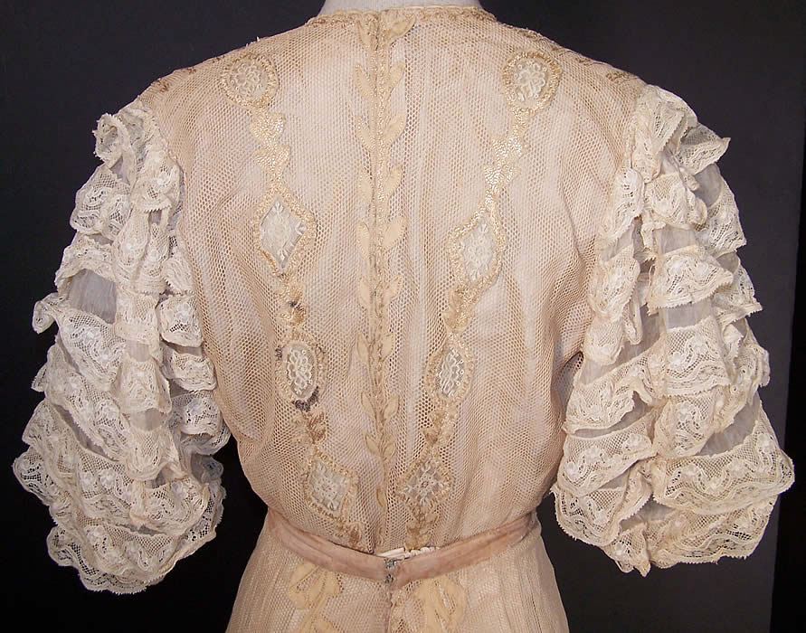 Edwardian Embroidered Net Lace Wedding Gown Dress 