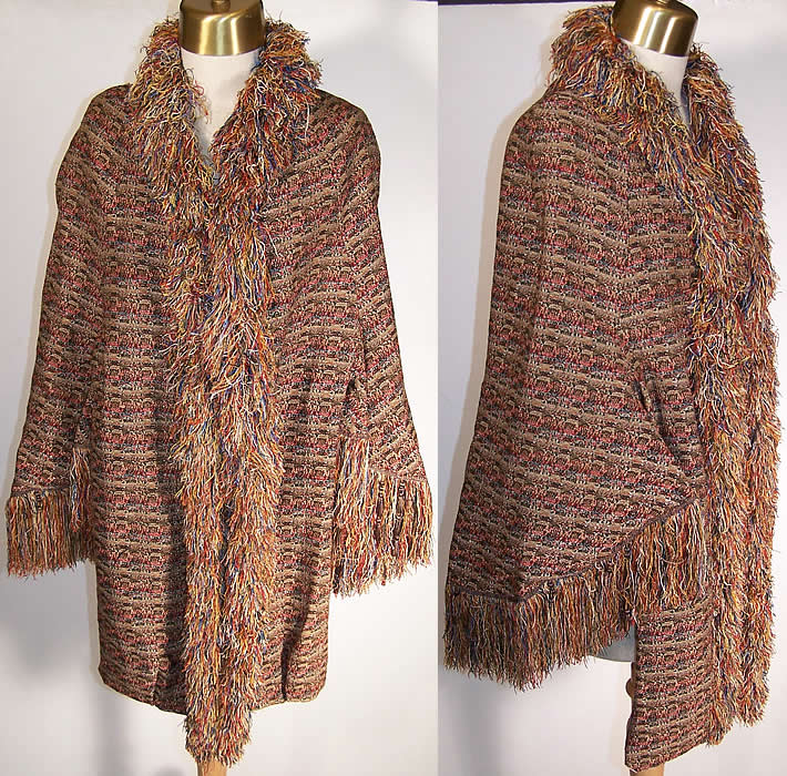 Victorian Paisley Wool Knit Fringe Dolman Mantle Cape   Front view.