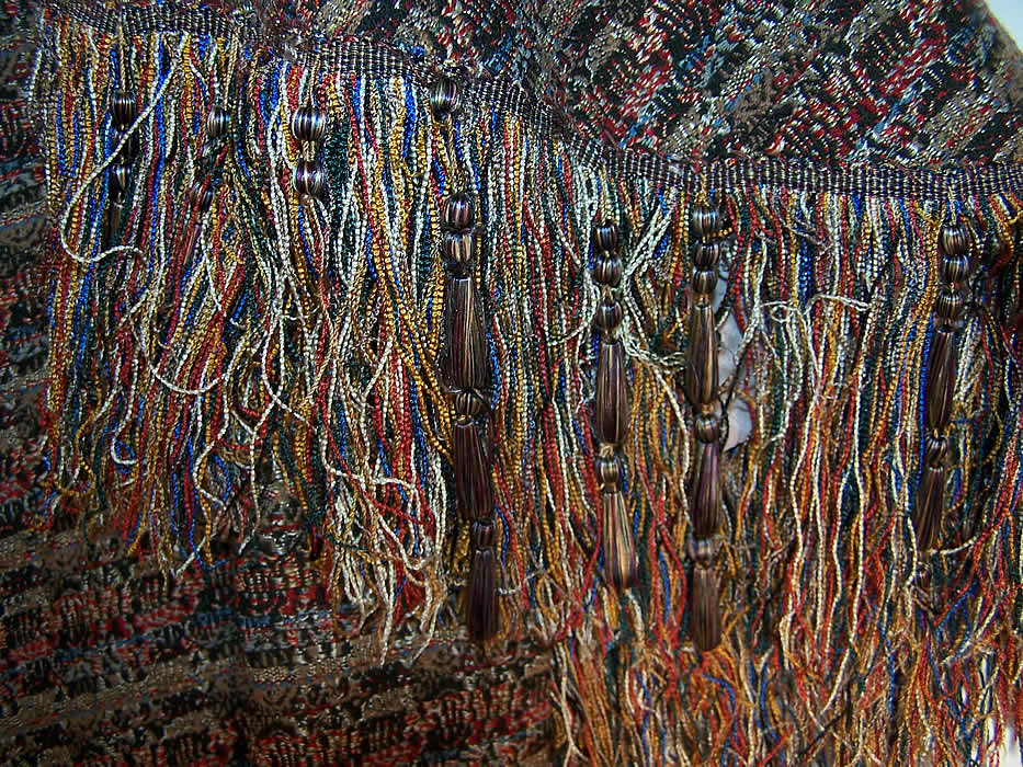  Victorian Paisley Wool Knit Fringe Dolman Mantle Cape Close up.