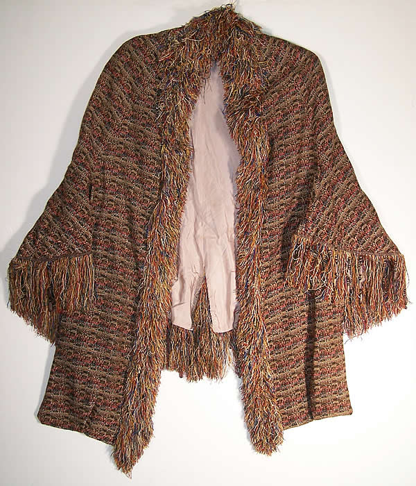 Victorian Paisley Wool Knit Fringe Dolman Mantle Cape  Close up.