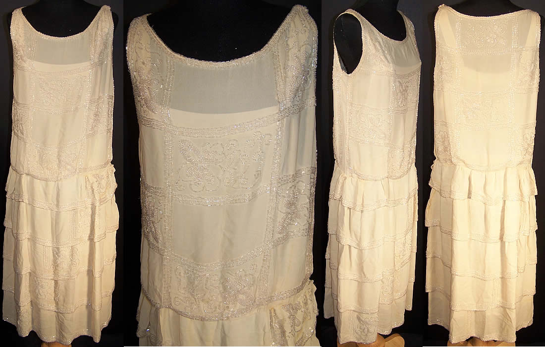 Cream Silk Beaded Ruffled Drop Waist Flapper Dress   Front view.