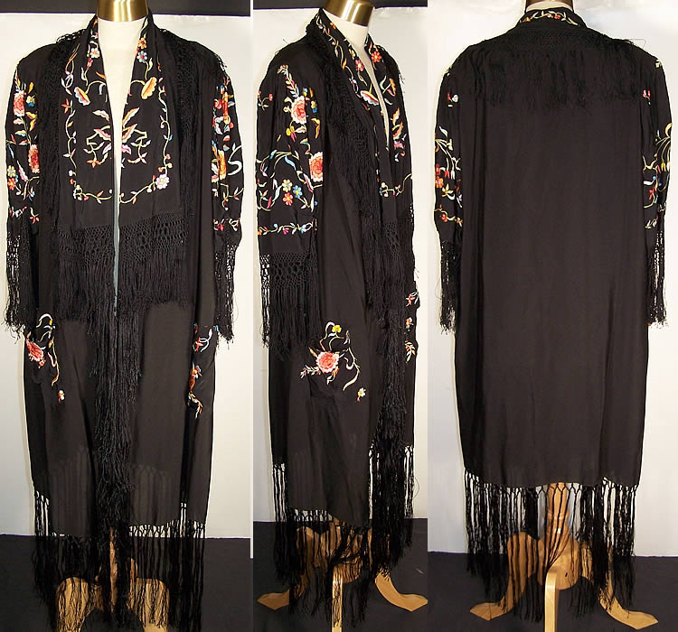 Antique Floral Silk Embroidered Piano Shawl Robe Coat   Front view.