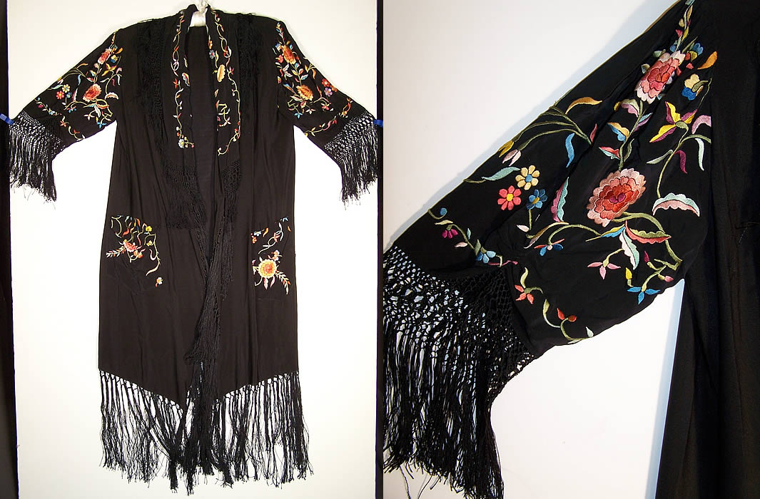 Antique Floral Silk Embroidered Piano Shawl Robe Coat 