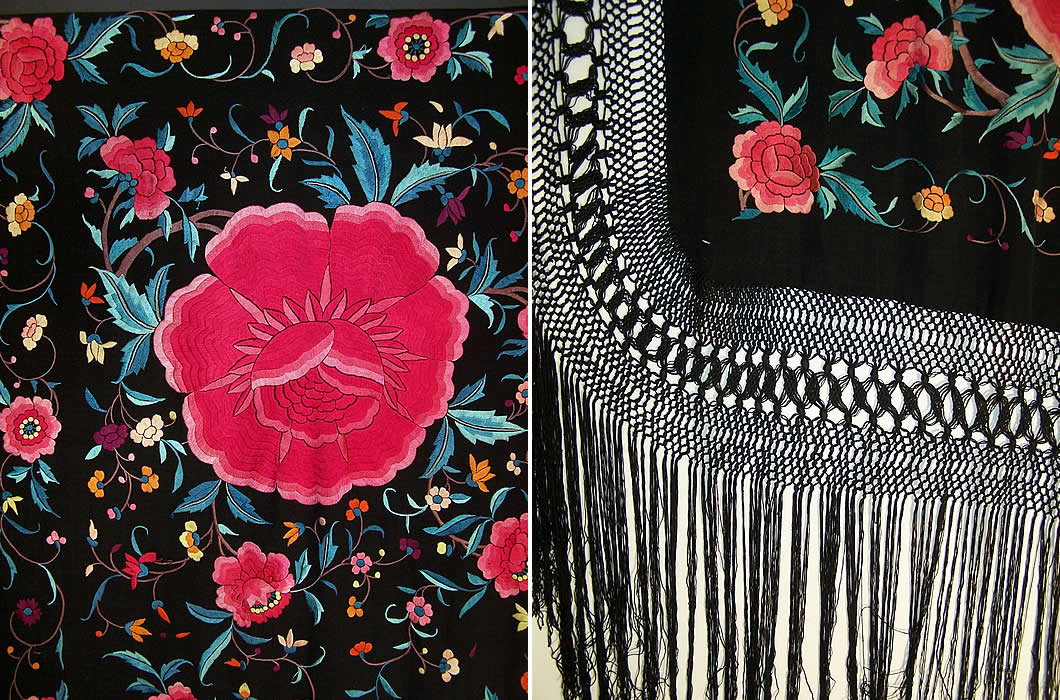 Antique Floral Roses Silk Embroidered Canton Piano Shawl  Close Up