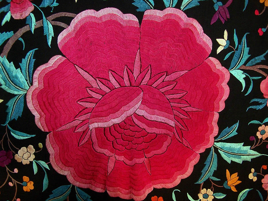 Antique Floral Roses Silk Embroidered Canton Piano Shawl  Close Up