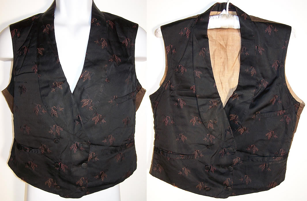 Victorian Mourning Wheat Brocade Double Breasted Waistcoat Vest   Front view.