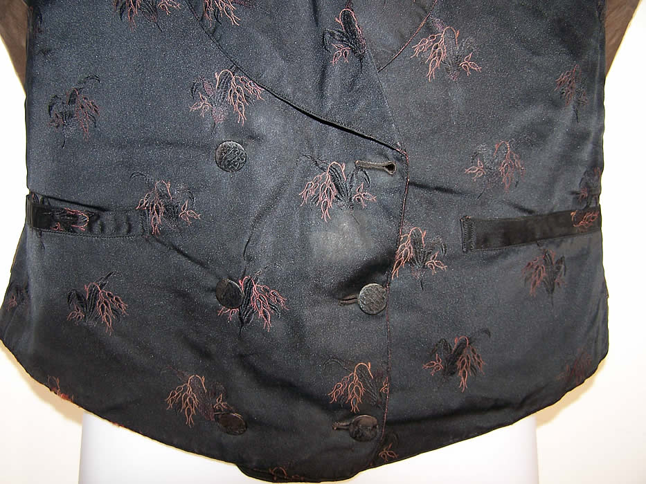 Victorian Mourning Wheat Brocade Double Breasted Waistcoat Vest close-up View.
