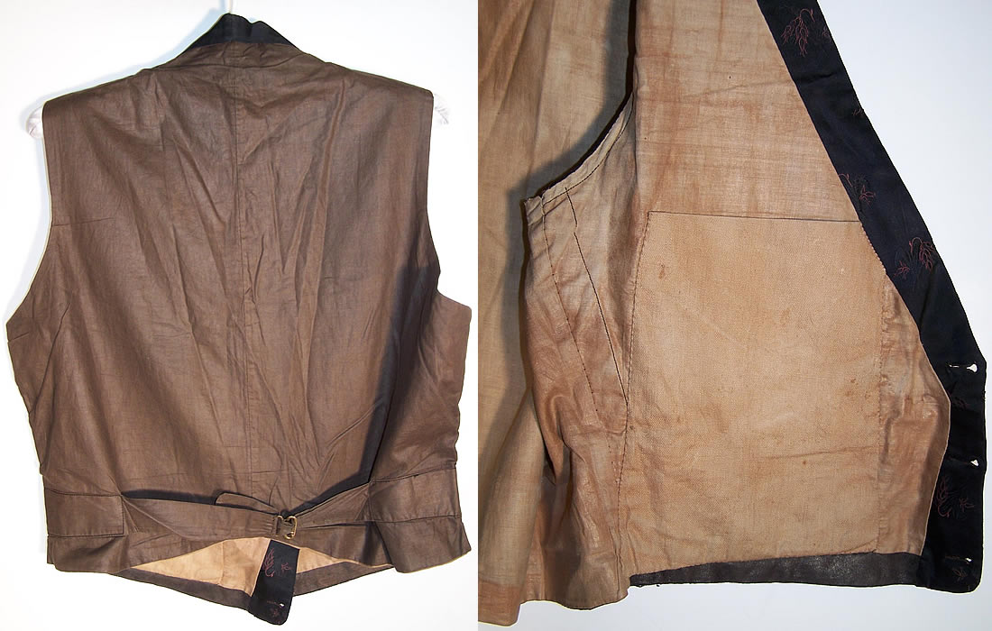 Victorian Mourning Wheat Brocade Double Breasted Waistcoat Vest back view.