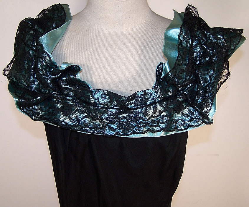 Vintage Black Lace Blue Satin Formal Gown Dress
