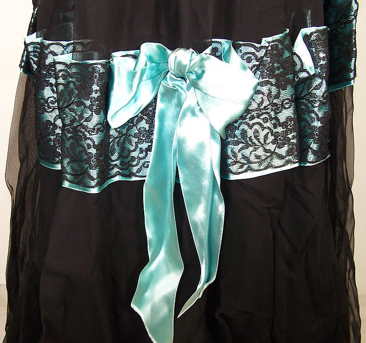 Vintage Black Lace Blue Satin Formal Gown Dress back view.