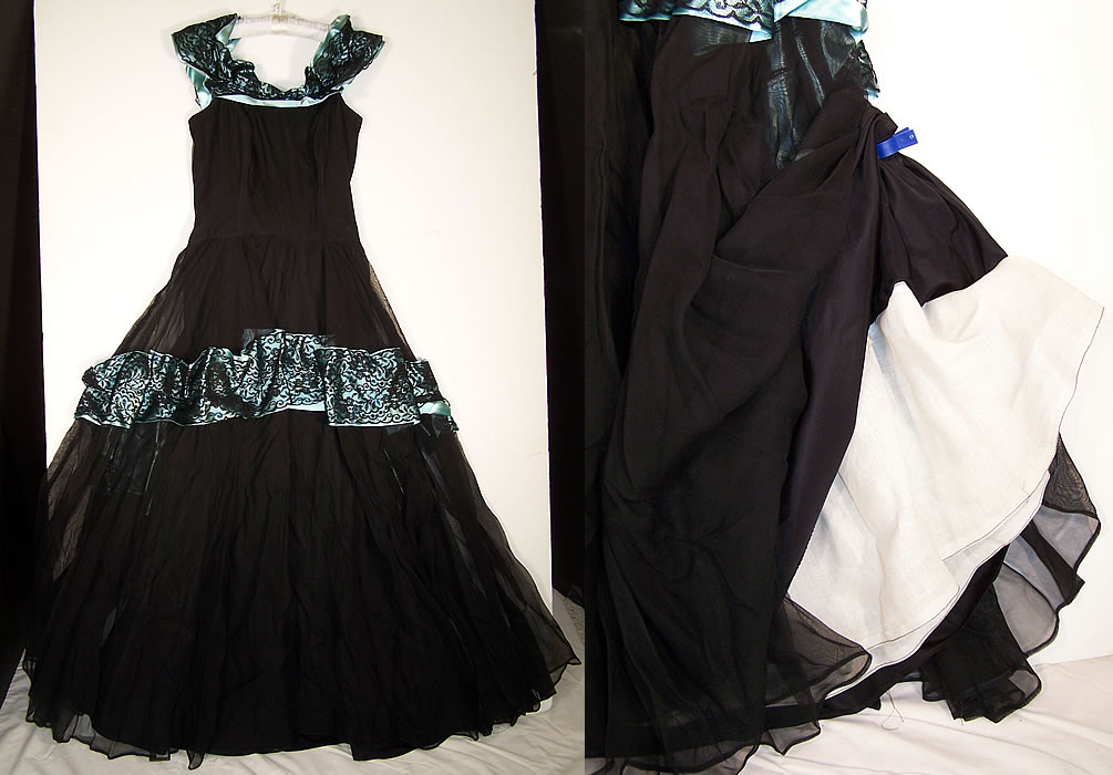 Vintage Black Lace Blue Satin Formal Gown Dress Close up.