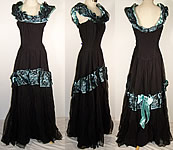 Vintage Black Lace Blue Satin Formal Gown Dress