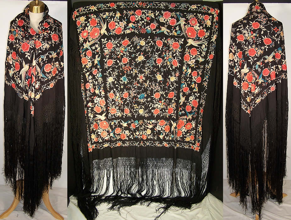 Antique Pastel Embroidered Floral Bird Canton Piano Shawl  Front view.