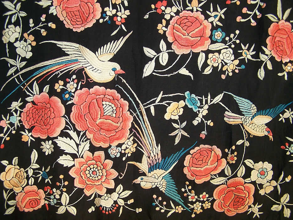 Antique Pastel Embroidered Floral Bird Canton Piano Shawl Close View.