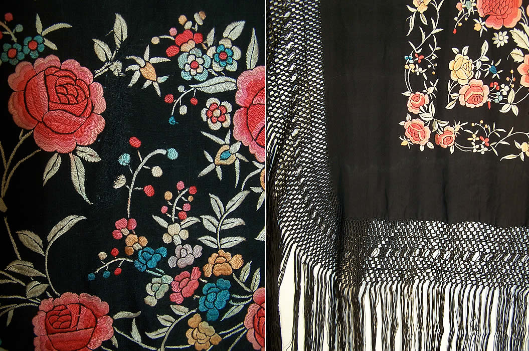 Antique Pastel Embroidered Floral Bird Canton Piano Shawl Close up.