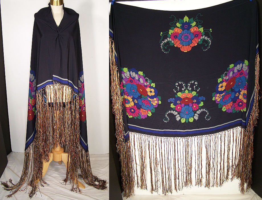 Art Deco Silk Screen Floral Fringe Shawl Scarf  Front view.