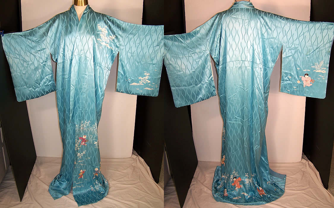 Japanese Geisha Silk Screen Childrens Day Kimono Front Back view.