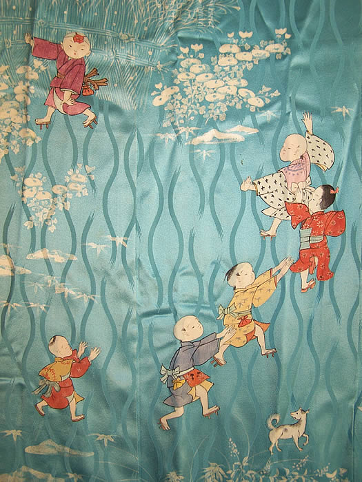 Japanese Geisha Silk Screen Childrens Day Kimono Close-up View.